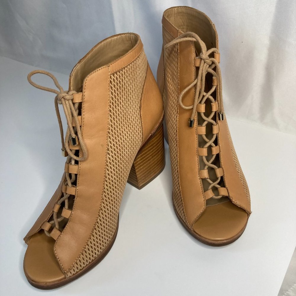 Aldo 'Sevilan' Open Toe Bootie with Lace Ups Size 7 1/2 Tan and Mesh Leather